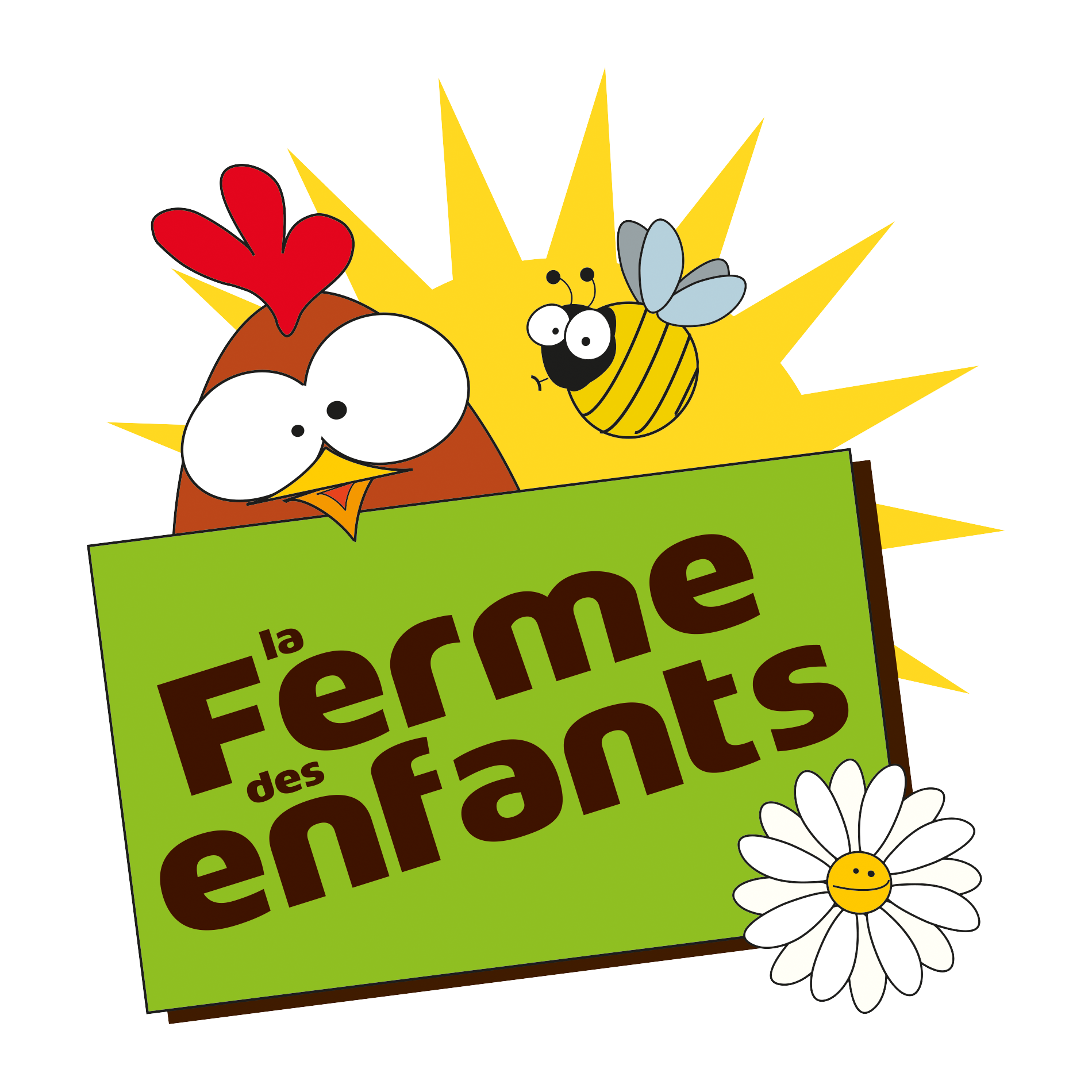 Rectangle vert avec écriture brune "La Ferme des enfants" + une tête de poule, un soleil, une abeille, une fleur